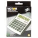 A white and black Victor 10-digit calculator with antimicrobial coating on a counter.