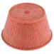 A red polyethylene ramekin with text on it.