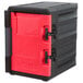 A black Metro Mightylite food pan carrier with a red door.