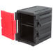 A black Metro food pan carrier with a red door.