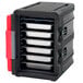A black Metro Mightylite food pan carrier with red door and wire rack.