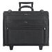 A black Solo rolling catalog case with wheels.