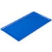 A blue rectangular Tablecraft cast aluminum cooling platter with a blue speckle design.