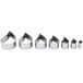 A silver metal Ateco cookie cutter set with a row of six comma-shaped cutters.