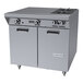 A commercial stainless steel range with two burners, two even heat hot tops, and a storage base.