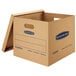 A brown and blue Banker's Box cardboard moving box with blue writing on a white label.