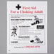 A white poster with text and cartoon images of a man demonstrating the Heimlich maneuver on another man.