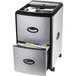 A Storex black metal two-drawer mobile filing cabinet with organizer tray.