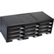 A black plastic Storex literature organizer with 12 compartments.
