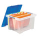 A Storex clear plastic container with files inside.
