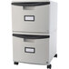 A gray Storex two-drawer mobile filing cabinet on wheels.