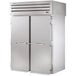 A True stainless steel roll-through refrigerator with two solid doors.