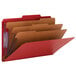 A close-up of a Smead red SafeSHIELD legal size classification folder with brown and tan tabs.