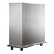 A large silver rectangular Metro heated banquet cabinet on wheels.