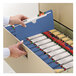 A person opening a blue Smead file folder.