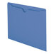A close-up of a blue Smead file jacket with a reinforced tab.