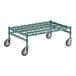 A green metal Regency dunnage rack cart with black wheels.