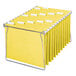 A close-up of a yellow Smead hanging file folder with repositionable poly tab.