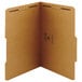 A close-up of a Smead Kraft legal size folder with 2 fasteners and a right of center tab with two holes.