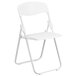 A white Flash Furniture plastic folding chair.