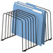 A black wire desktop organizer with blue file folders in sections.