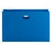 A blue legal size hanging file pocket with a white background.