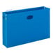 A blue rectangular file pocket with holes in it.