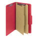 A red Smead SafeSHIELD legal size classification folder with tan dividers.