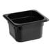 A Carlisle black polycarbonate food pan with a black lid.