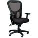 A black office chair with a mesh back and arms.