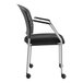 A black office chair with grey and silver legs and wheels.