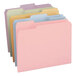 A close-up of a stack of Smead letter size file folders with 1/3 cut assorted tabs in assorted colors.