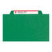 A Smead green file folder with a white label and SafeSHIELD fasteners.