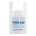 A white plastic Choice "Thank You" T-Shirt bag with blue text that reads "Thank You"