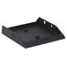 A black metal tray with grooves on one side.