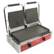 An Avantco grooved grill plate on the right side of a sandwich grill.