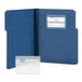 A blue folder with a clear plastic card holder.