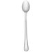 A Libbey stainless steel iced tea spoon with a white handle on a white background.