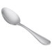 A close-up of a Libbey stainless steel dessert spoon with a silver handle.