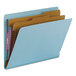 A blue Smead file folder with brown and yellow files inside.