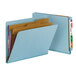 A blue Smead SafeSHIELD classification folder with brown and yellow tabs.