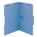 A blue file folder with 2 fasteners and holes.