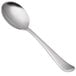 A close-up of a Libbey stainless steel bouillon spoon with a silver handle.