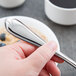 A hand holding a Libbey stainless steel teaspoon over a bowl of oatmeal.