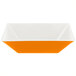 A white square bowl with orange and white interior.