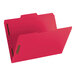 A red Smead file folder with 2 fasteners and 2 holes on the side.