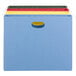 A Smead box bottom hanging file folder in blue and yellow.