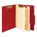 A red Smead classification folder with white paper and brown tabs.