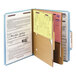 A close-up of a Smead SafeSHIELD letter size classification folder with papers and a checkbook.