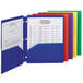 A blue Smead poly pocket folder with 3 holes filled with several colorful folders.